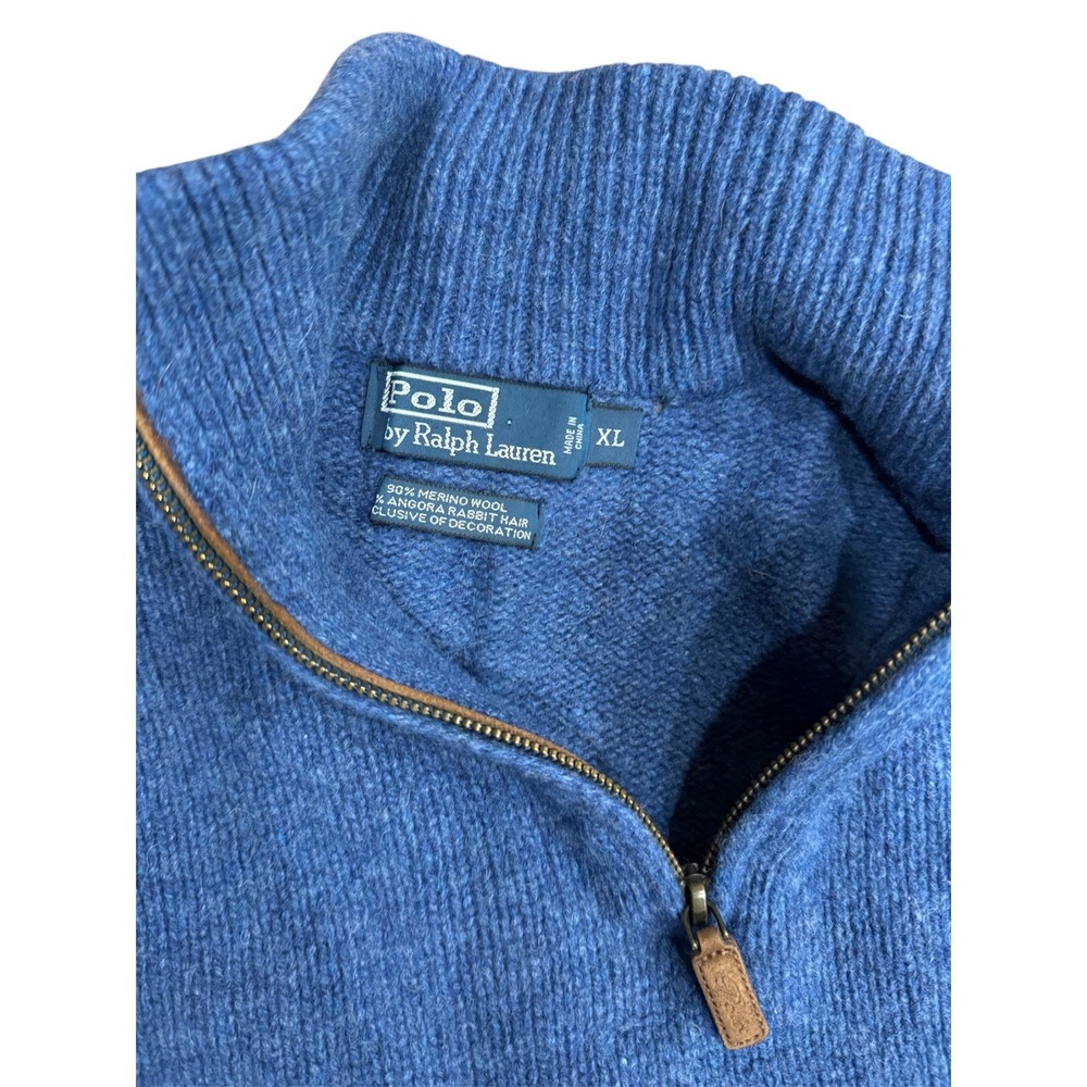 Polo Ralph Lauren Merino Wool Angora 1/4 Zip Sweater Blue XL Leather Pull - Picture 3 of 5